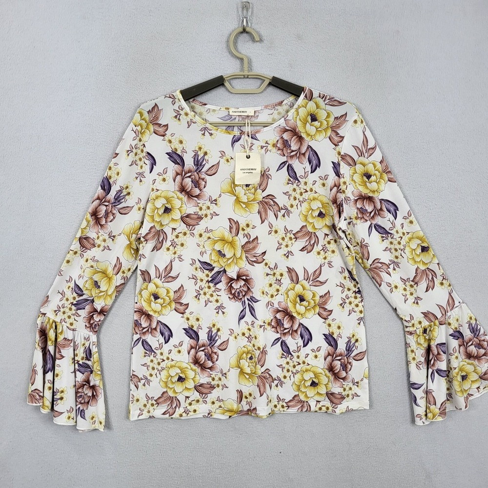 And The Why Top Women Size Large Floral Printed Long Bell Sleeve Casual Stretchy